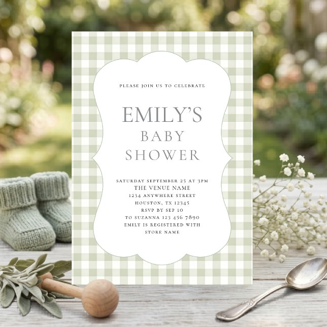 Invitation Baby Shower Gingham Vert Sauge Moderne  (Créateur téléchargé)