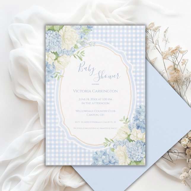 Invitation Baby Shower Gingham Vintage Hydrangea Bleue  (Créateur téléchargé)