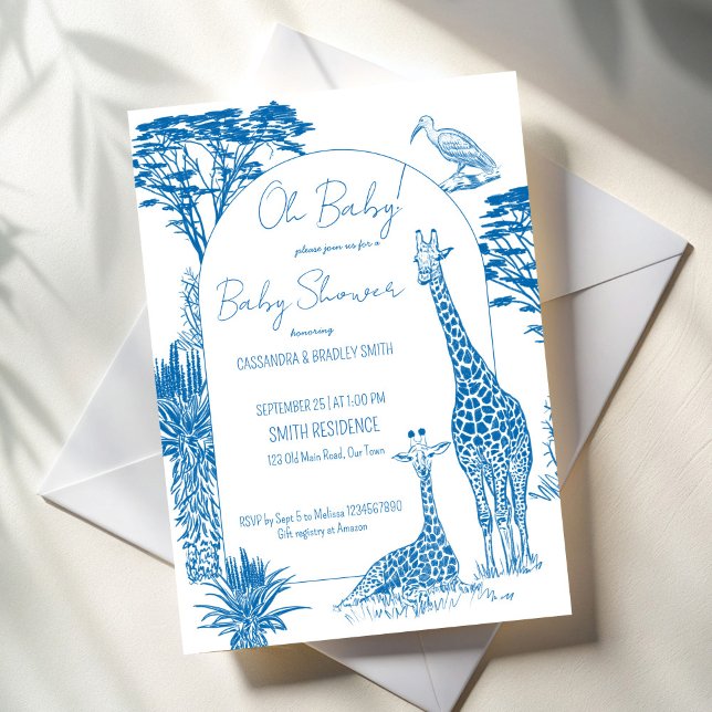 Invitation Baby shower girafe bleu Safari toile (Safari dusty blue toile de jouy giraffe baby shower invitation template African safari invitations)