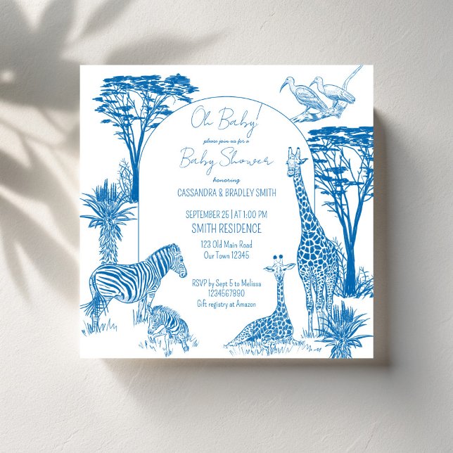 Invitation Baby shower girafe bleu Safari toile (Safari blue toile de jouy giraffe African animals baby shower invitation cards template)