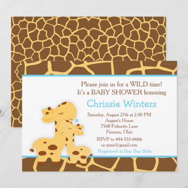 Invitation Baby Shower Girafe Garçon Bleu (Devant / Derrière)