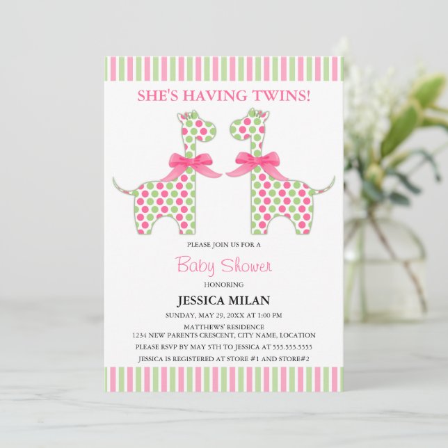 Invitation Baby shower girafe pour fille jumelle (Debout devant)