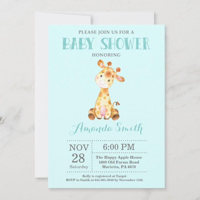 Invitation Baby shower Giraffe Aqua et Grey (Devant)