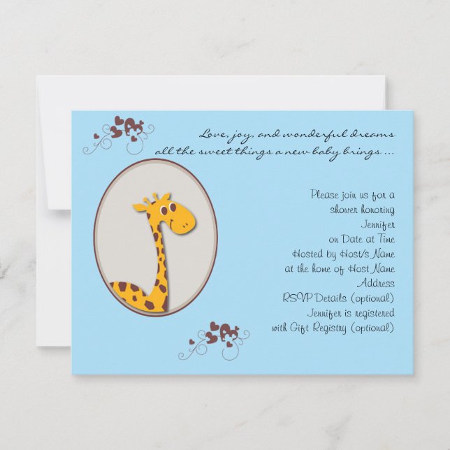 Invitation Baby shower Giraffe bleu et Brown (Devant)