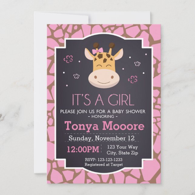 Invitation Baby shower Giraffe (fille) (Devant)