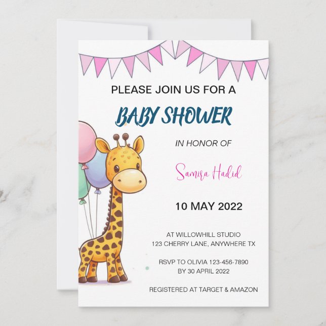 Invitation Baby shower Giraffe - Fille (Devant)