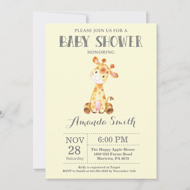 Invitation Baby shower Giraffe Jaune et Grey (Devant)