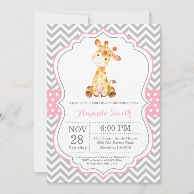 Invitation Baby shower Giraffe rose et gris (Devant)