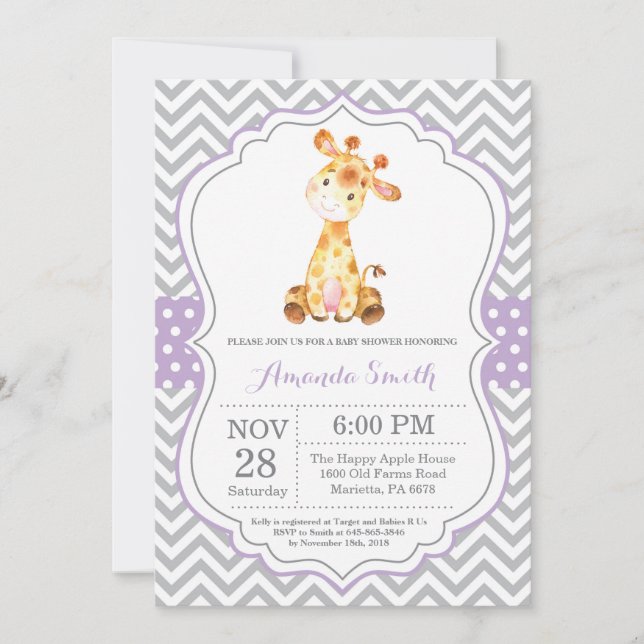 Invitation Baby shower Giraffe violet et gris (Devant)