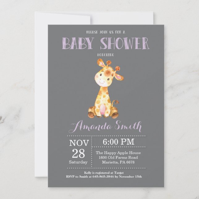 Invitation Baby shower Giraffe violet et gris (Devant)