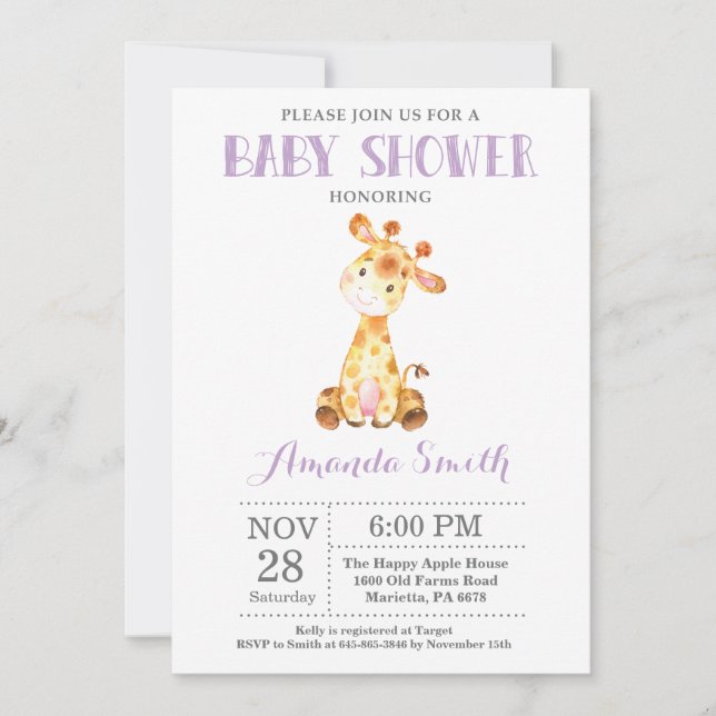 Invitation Baby shower Giraffe violet et gris (Devant)