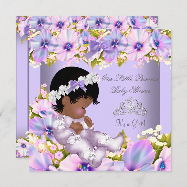 Invitation Baby shower Girl African American Purple Princess (Devant / Derrière)