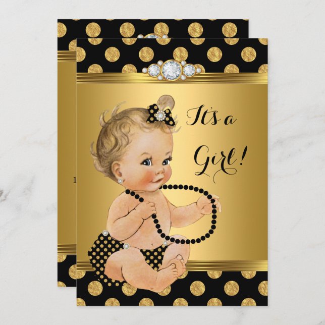 Invitation Baby shower Girl Gold Foil Black Pearls Blonde (Devant / Derrière)