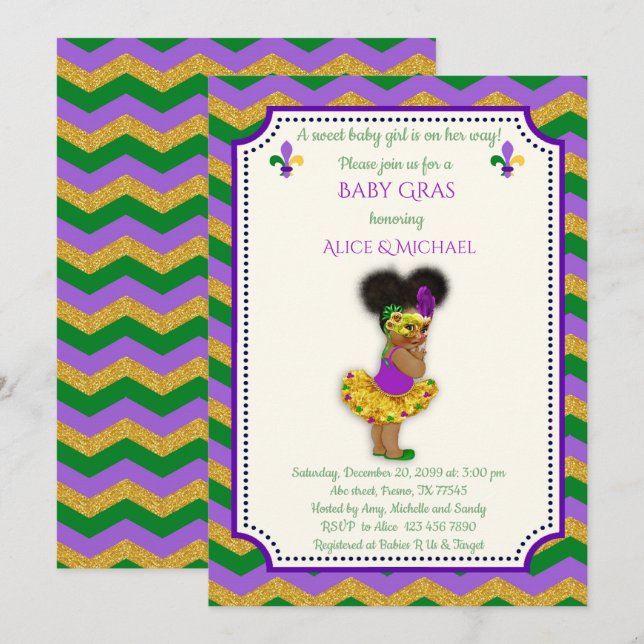 Invitation Baby shower Girl, Mardi Gras Girl, or, chevron (Devant / Derrière)