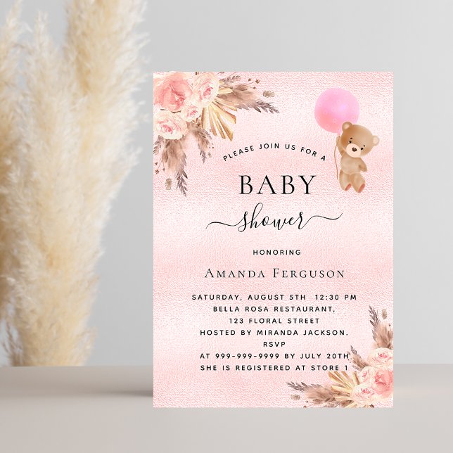 Invitation Baby shower girl pampas grass teddy bear pink (Créateur téléchargé)