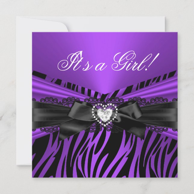 Invitation Baby shower Girl Purple Black Lace Zebra (Devant)