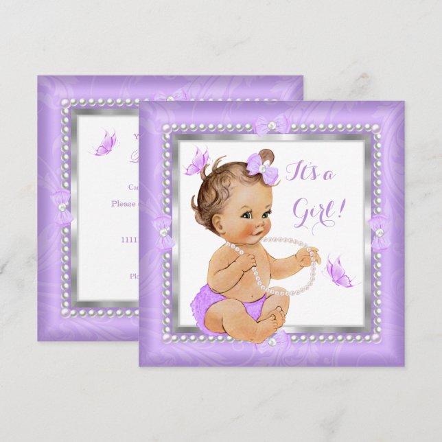 Invitation Baby shower Girl Purple Pearl Butterfly Brunette (Devant / Derrière)
