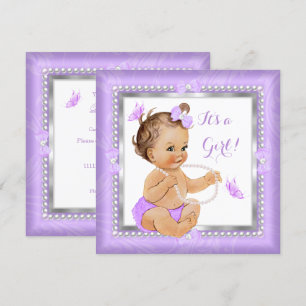 Invitation Baby shower Girl Purple Pearl Butterfly Brunette