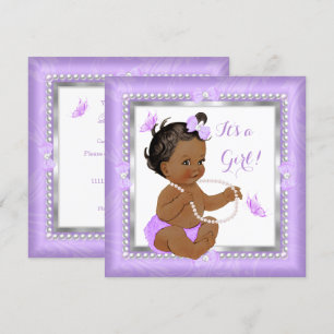 Invitation Baby shower Girl Purple Pearl Butterfly Ethnic