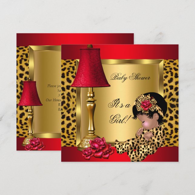 Invitation Baby shower Girl Red Gold Roses Leopard AA (Devant / Derrière)