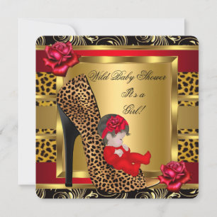 Invitation Baby shower Girl Red Roses Gold Wild Leopard 3a