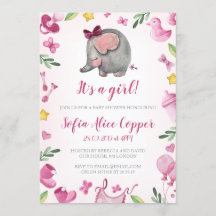 Invitation baby shower girl | Rose | Éléphant