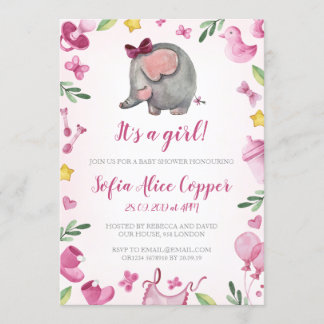 Invitation baby shower girl | Rose | Éléphant