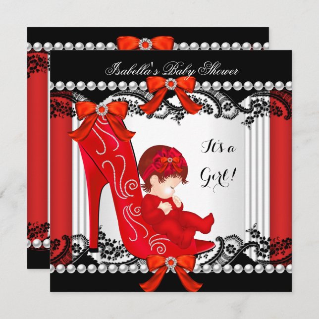 Invitation Baby shower Girl Rouge talon haut Chaussure rousse (Devant / Derrière)