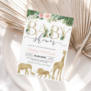 Invitation Baby shower Girl Safari Gold Elephant Giraffe