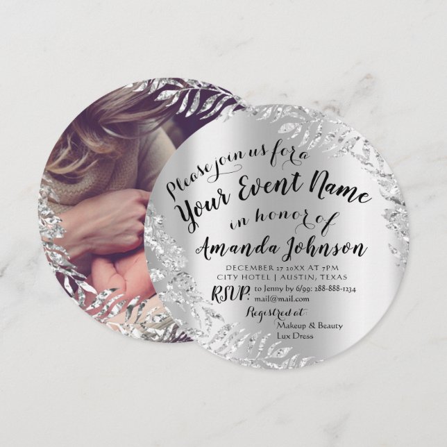 Invitation Baby shower Girl Silver Grey Royal Photo Boy Nouve (Devant / Derrière)