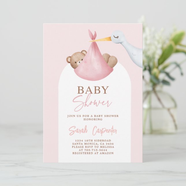 Invitation baby shower Girl Stork (Debout devant)