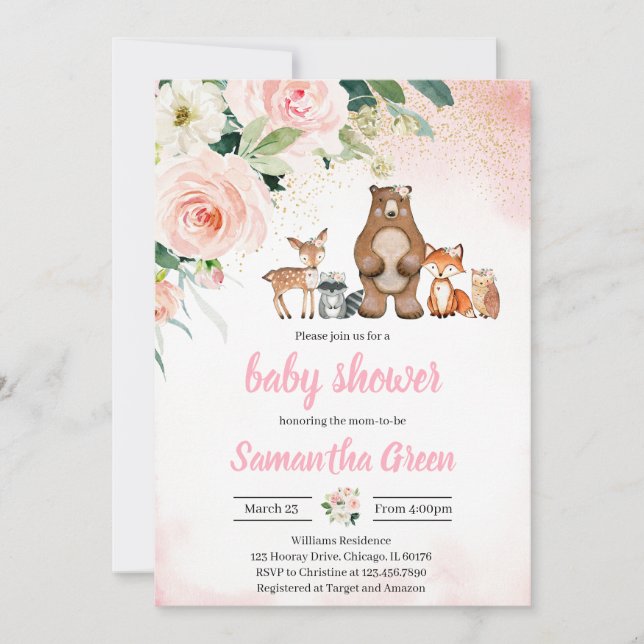 Invitation Baby shower Girl Woodland (Devant)