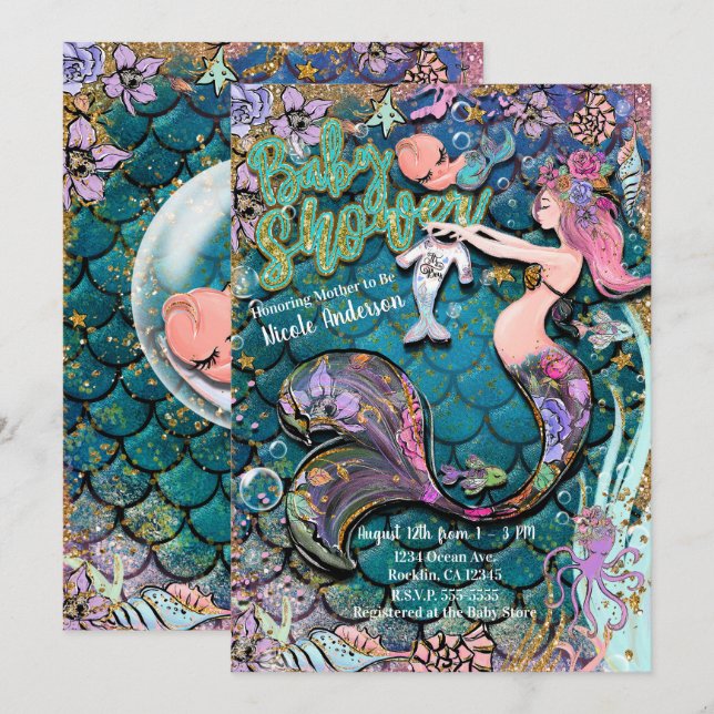 Invitation Baby shower Glam Mermaid Gold Parties scintillant  (Devant / Derrière)