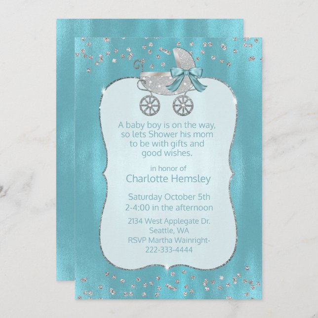 Invitation Baby shower Glam Silver Pram (Devant / Derrière)