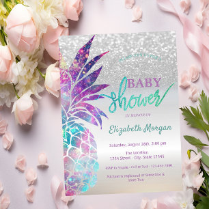 Invitation Baby Shower Glitter Argent Ananas Bokeh