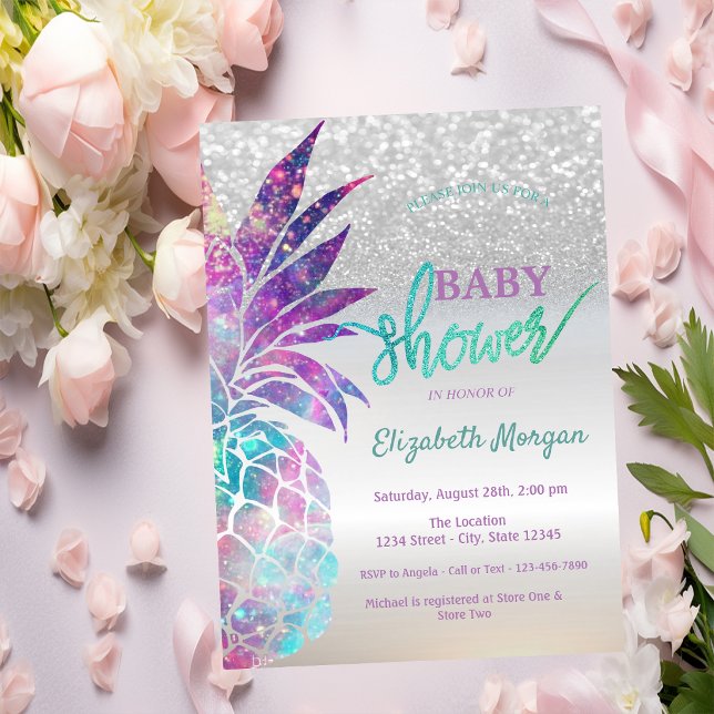 Invitation Baby Shower Glitter Argent Ananas Bokeh (Créateur téléchargé)