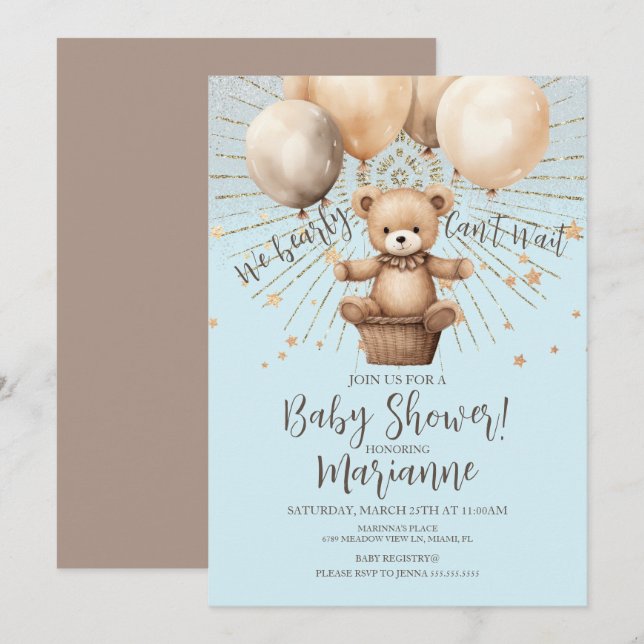 Invitation Baby Shower Glitter Bohème Rustique Ours Bleu (Devant / Derrière)