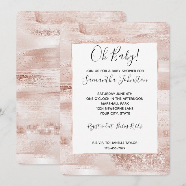 Invitation Baby shower Glitzy Glitter Sparkle Rose Pâle (Devant / Derrière)