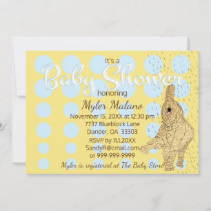 Invitation Baby shower Gold Baby Elephant Blue