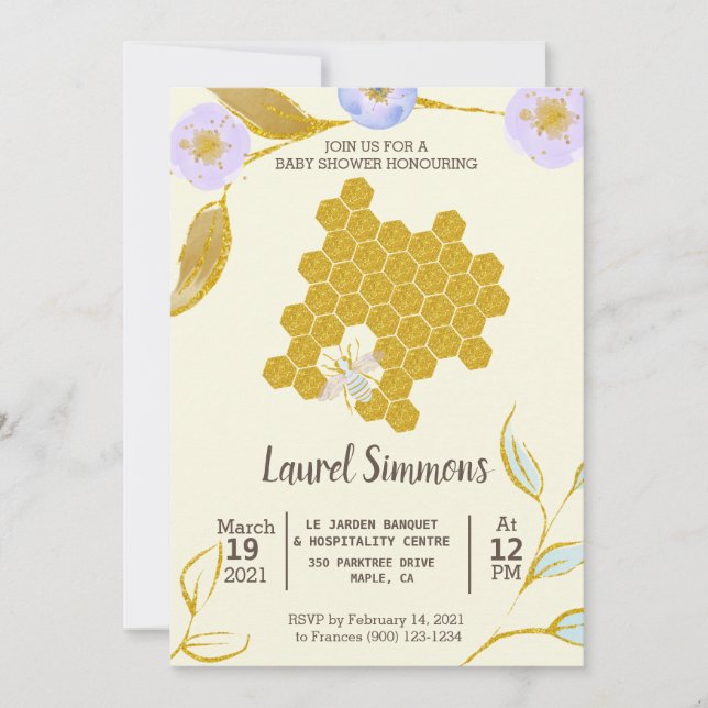 Invitation Baby shower Gold Bee Hive à l'aquarelle tendance e (Devant)