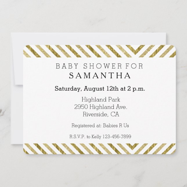 Invitation Baby shower Gold Black and White Stripes (Devant)
