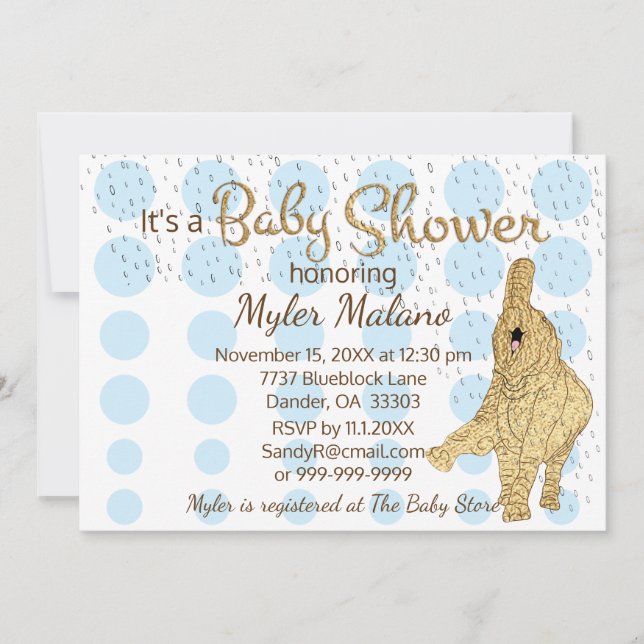 Invitation Baby shower Gold Bleu Blanc Bébé Eléphant (Devant)