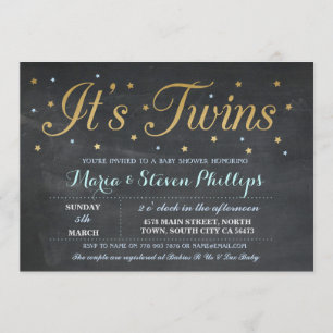 Invitation Baby shower Gold Blue Twins Boy Chalk