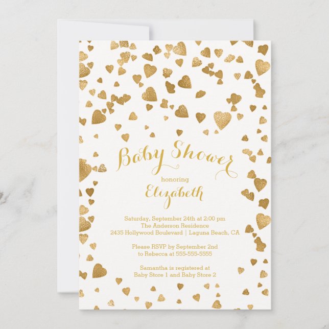 Invitation Baby shower Gold Confetti Hearts (Devant)