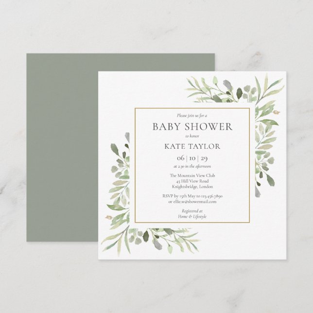 Invitation Baby-Shower Gold et Feuillage aquarelle | Sprinkle (Devant / Derrière)