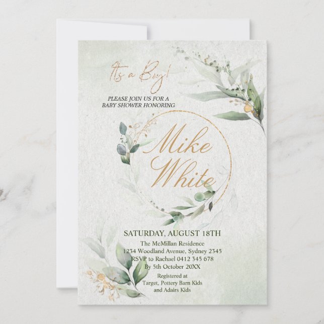 Invitation Baby shower Gold et Green Design - C'est un Boy In (Devant)