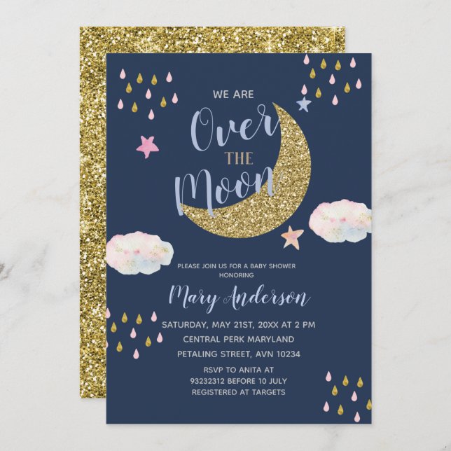 Invitation Baby shower Gold et Navy Blue Moon (Devant / Derrière)