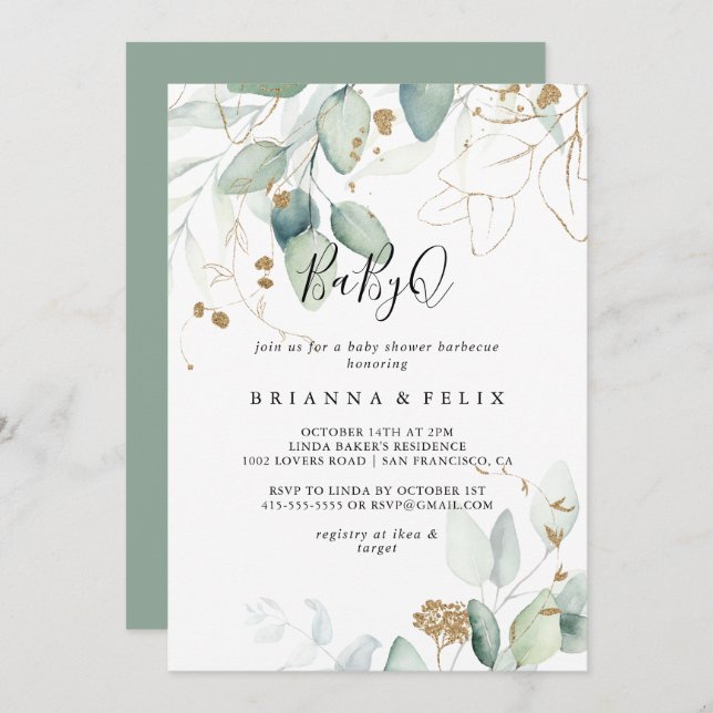 Invitation Baby shower Gold Eucalyptus BabyQ (Devant / Derrière)