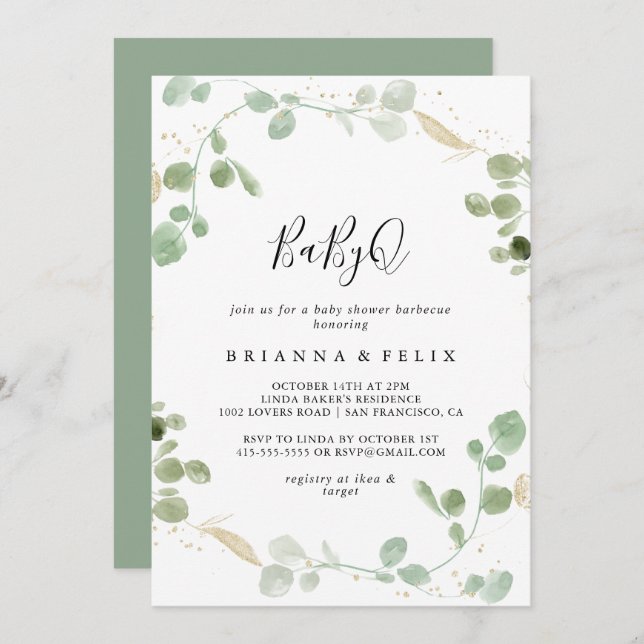 Invitation Baby shower Gold Eucalyptus BabyQ (Devant / Derrière)