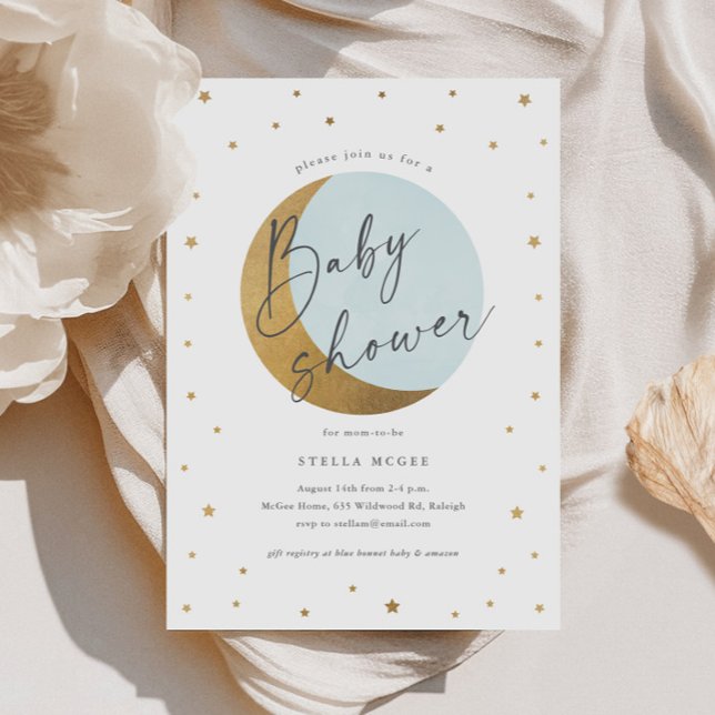 Invitation Baby shower Gold Moon et Stars Script Boys (Gold Moon and Stars Script Boys Baby Shower Invitations.)